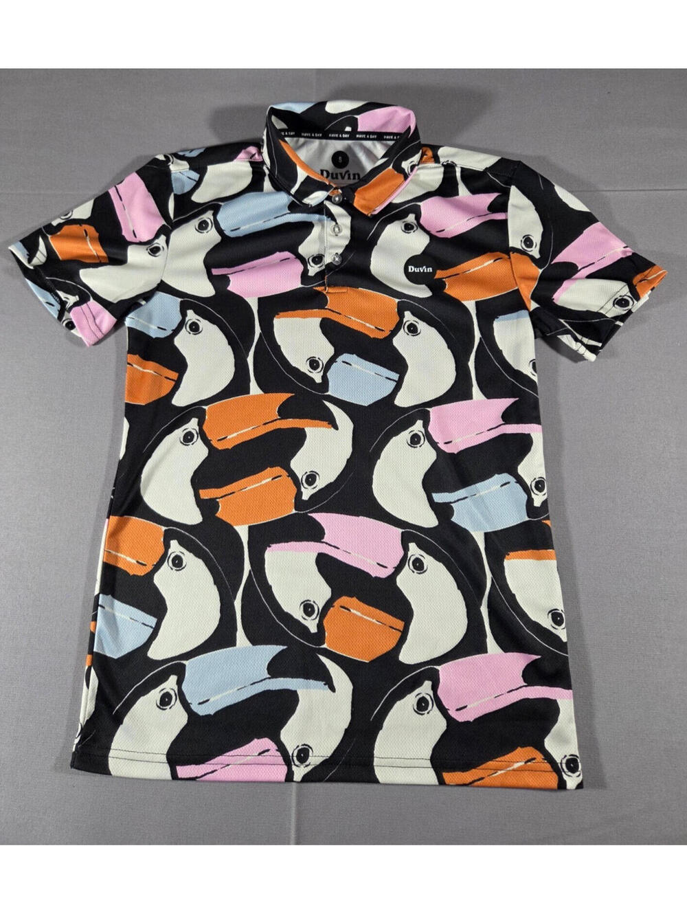 Duvin Button Up Shirt Mens Small Toucan Bird Print Stretch Short Sleeve